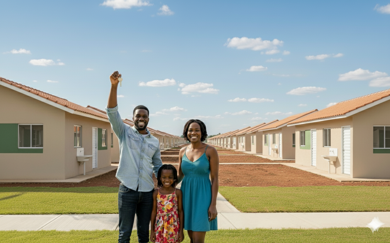 Família feliz com casa própria